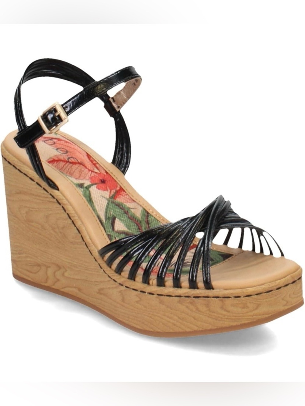 NWT b.o.c. Catalina Black Strappy Wedge Sandals with Floral Insole Size 7